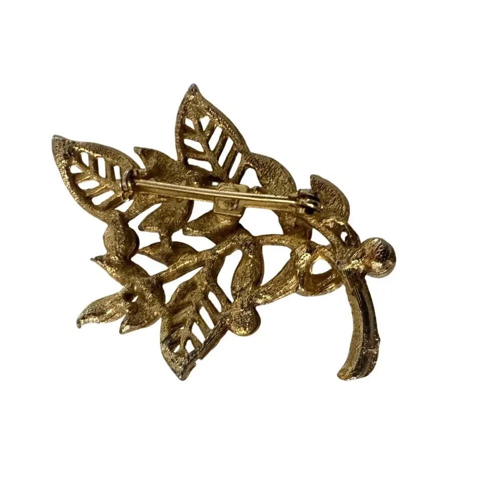 Vintage 60s Gold Tone Leaf Brooch with Faux Pearls Classic Mid Century Pin